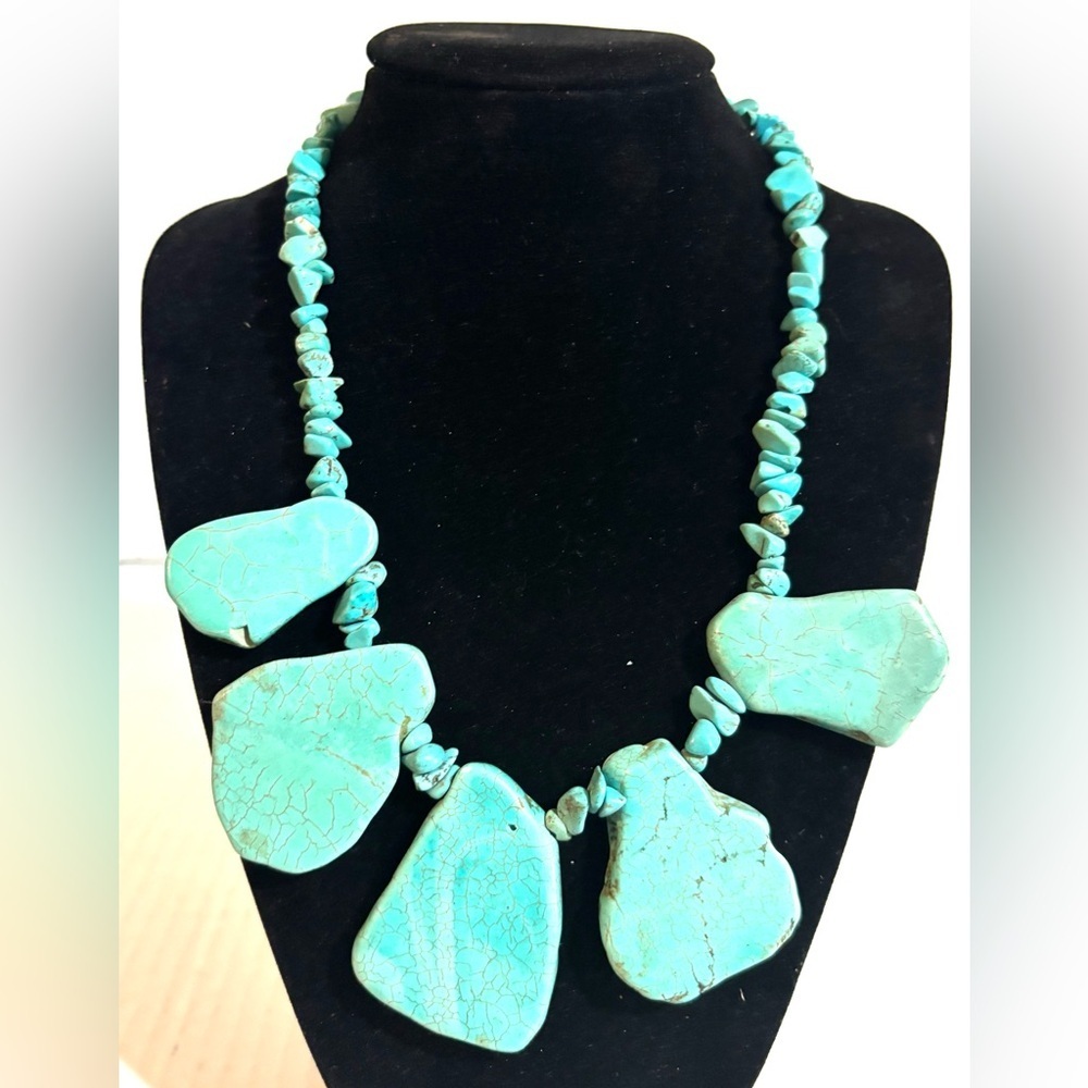 Turquoise Chip Statement Necklace - Blue Green Stone Bib